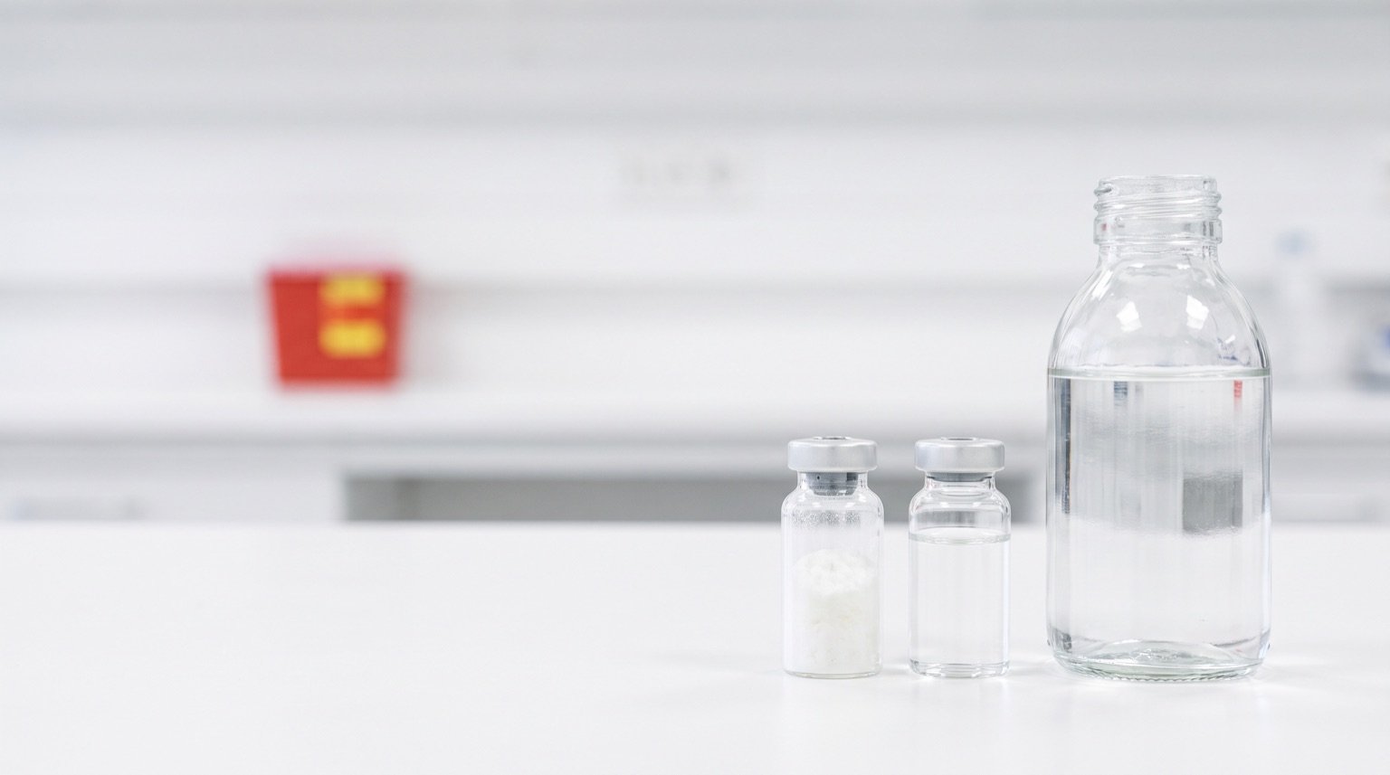 Estación de preparación de laboratorio con viales y agua estéril