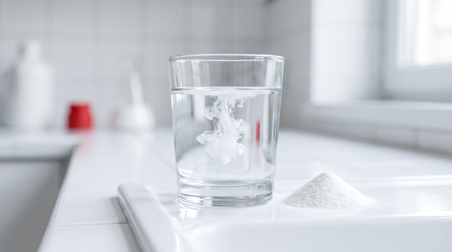 Colágeno en polvo disolviéndose en un vaso de agua