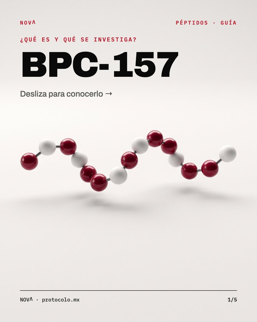Portada: ¿Qué es y qué se investiga? BPC-157. Ilustración de una cadena de aminoácidos.