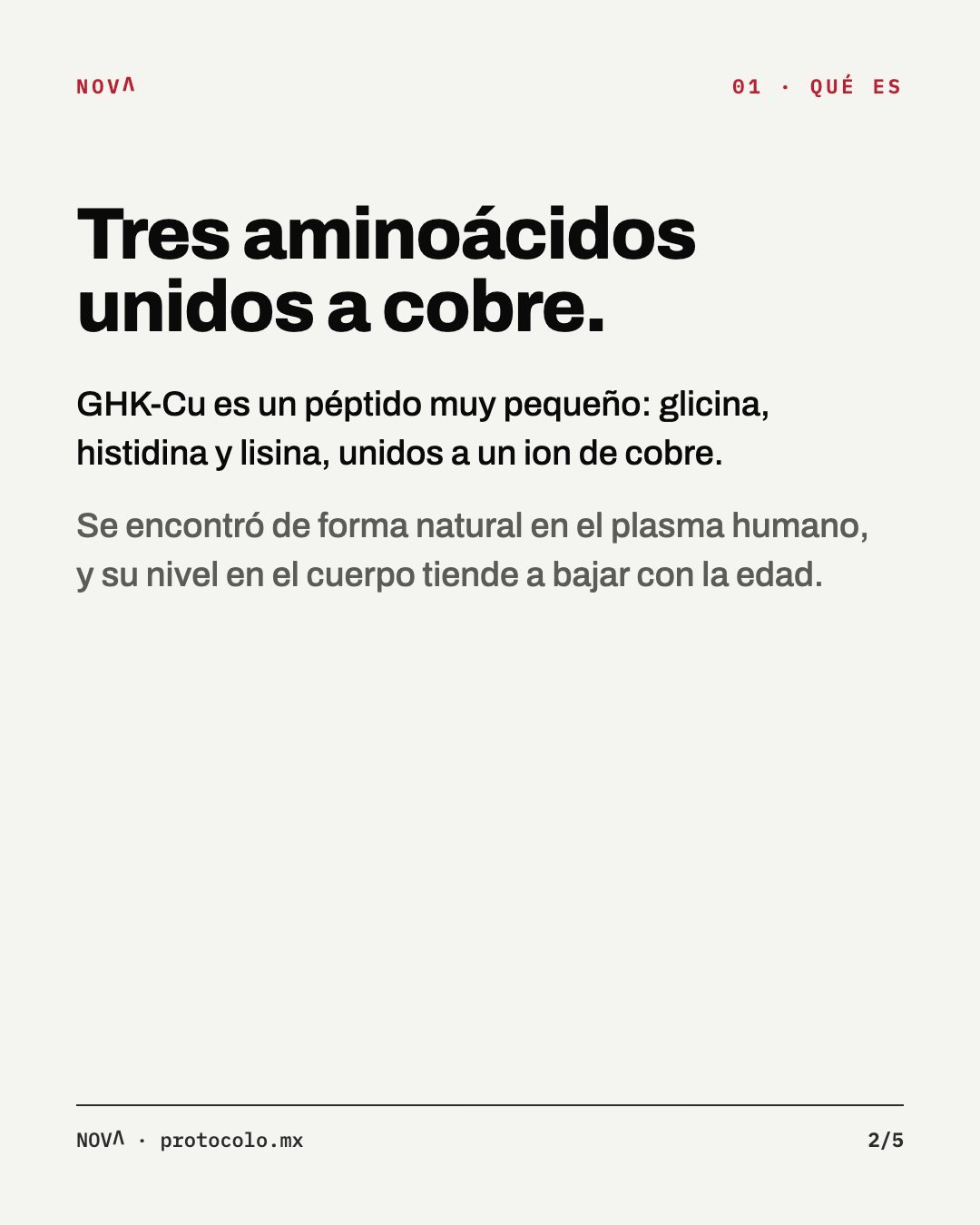 Qué es: tres aminoácidos unidos a cobre. GHK-Cu es un péptido muy pequeño —glicina, histidina y lisina— unido a un ion de cobre. Se encontró de forma natural en el plasma humano y su nivel tiende a bajar con la edad.