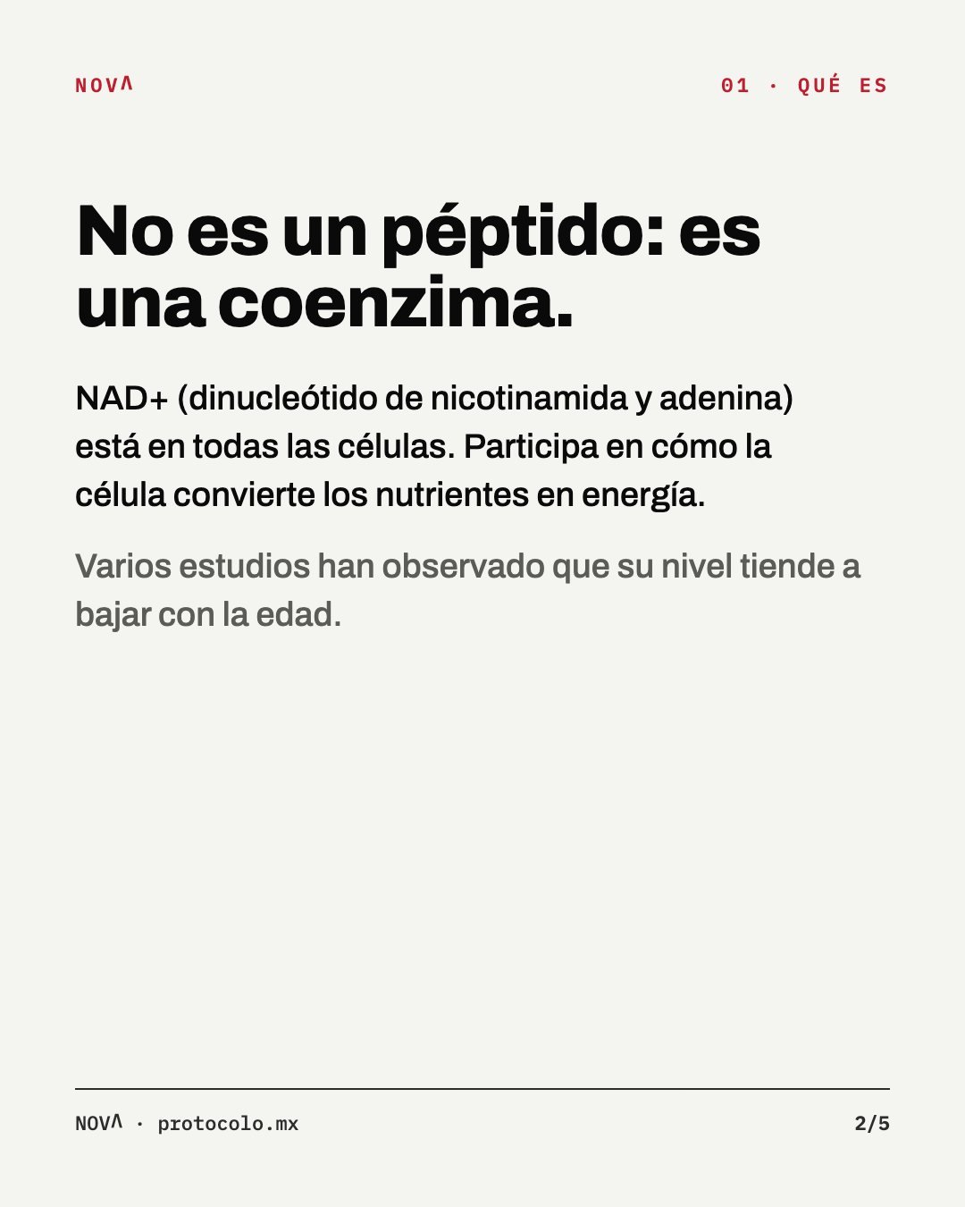 Qué es: no es un péptido, es una coenzima. NAD+ (dinucleótido de nicotinamida y adenina) está en todas las células y participa en cómo convierten los nutrientes en energía. Varios estudios han observado que su nivel tiende a bajar con la edad.